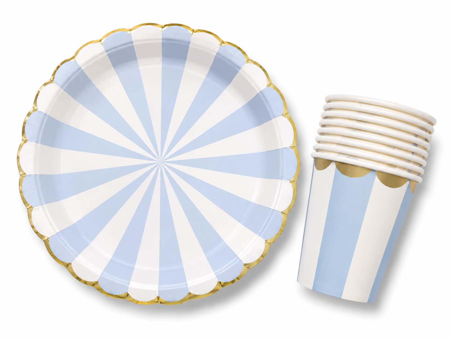 Blue Gold Foil Edge Scalloped Striped Party Kit – Set of 20