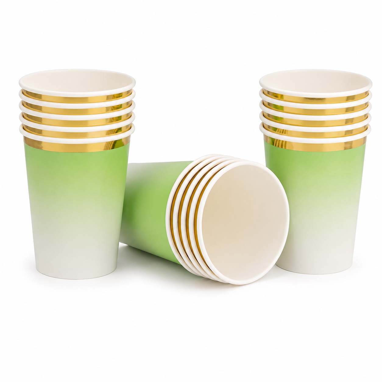 Gradient Green Paper Cups with Gold Edges – Set of 10