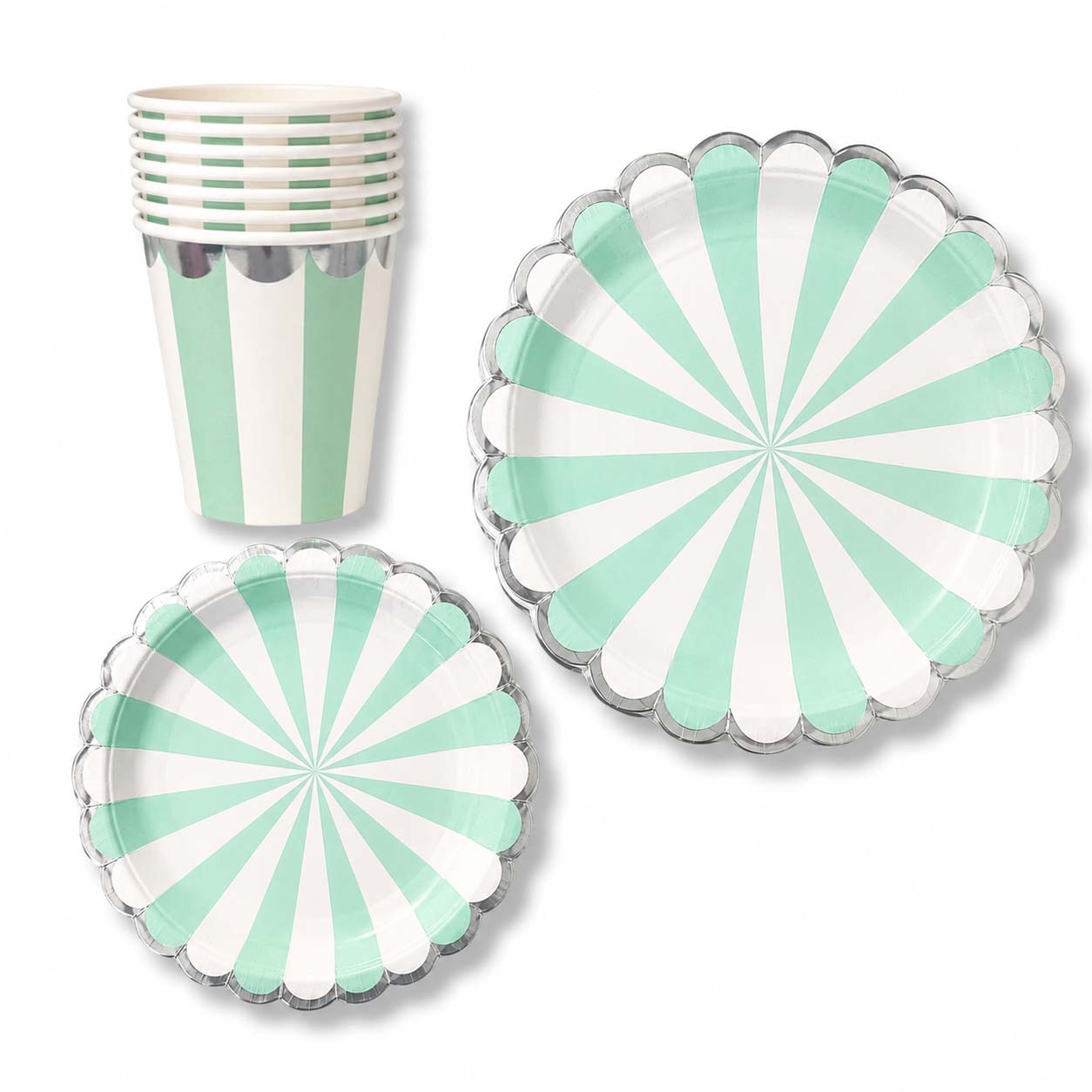 Mint Green & White Striped Silver Trim Party Kit – Set of 24