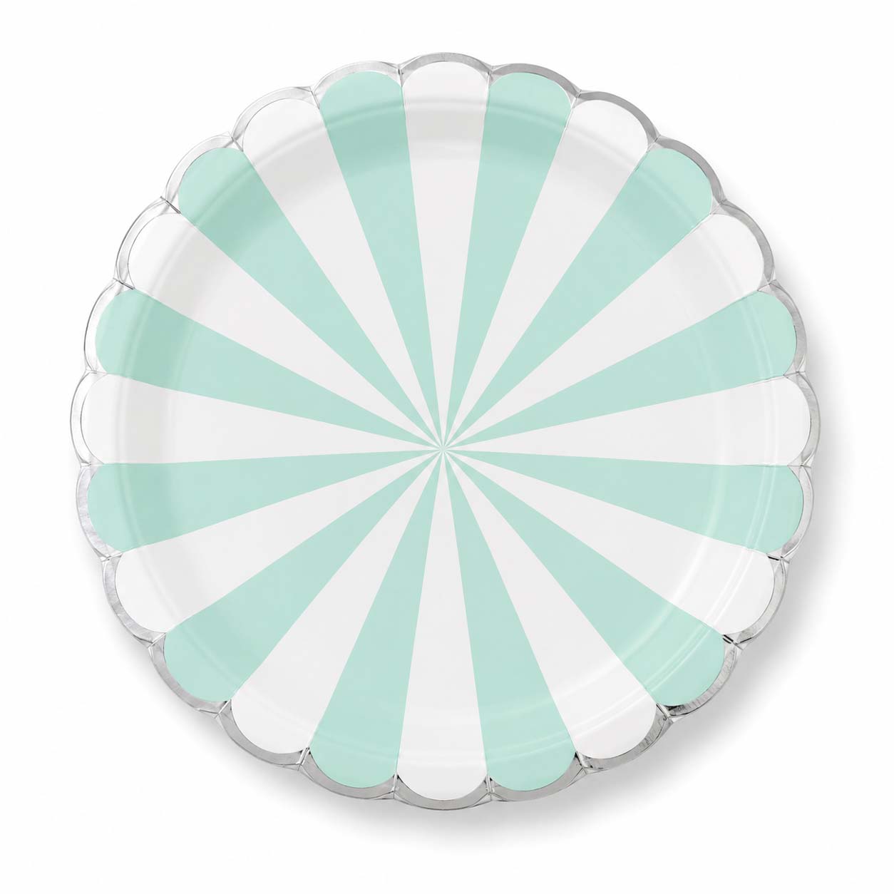 Mint Green & White Striped Silver Trim Paper Plates – Set of 10