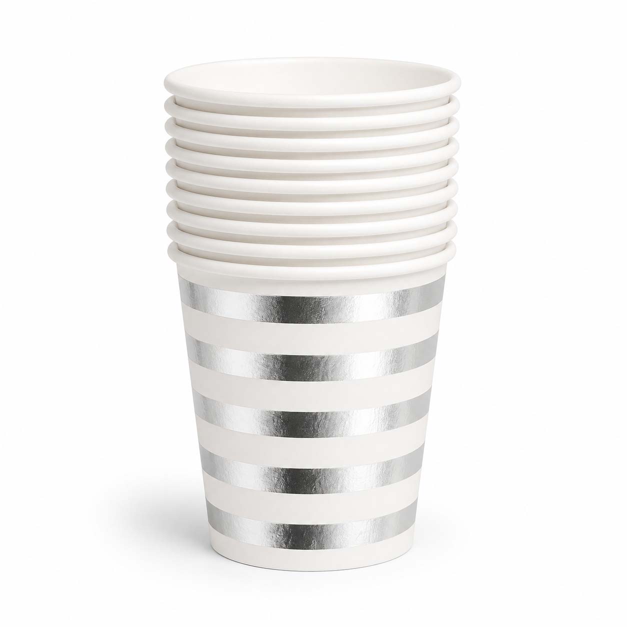 Silver and White Striped Paper Cups – Set of 10