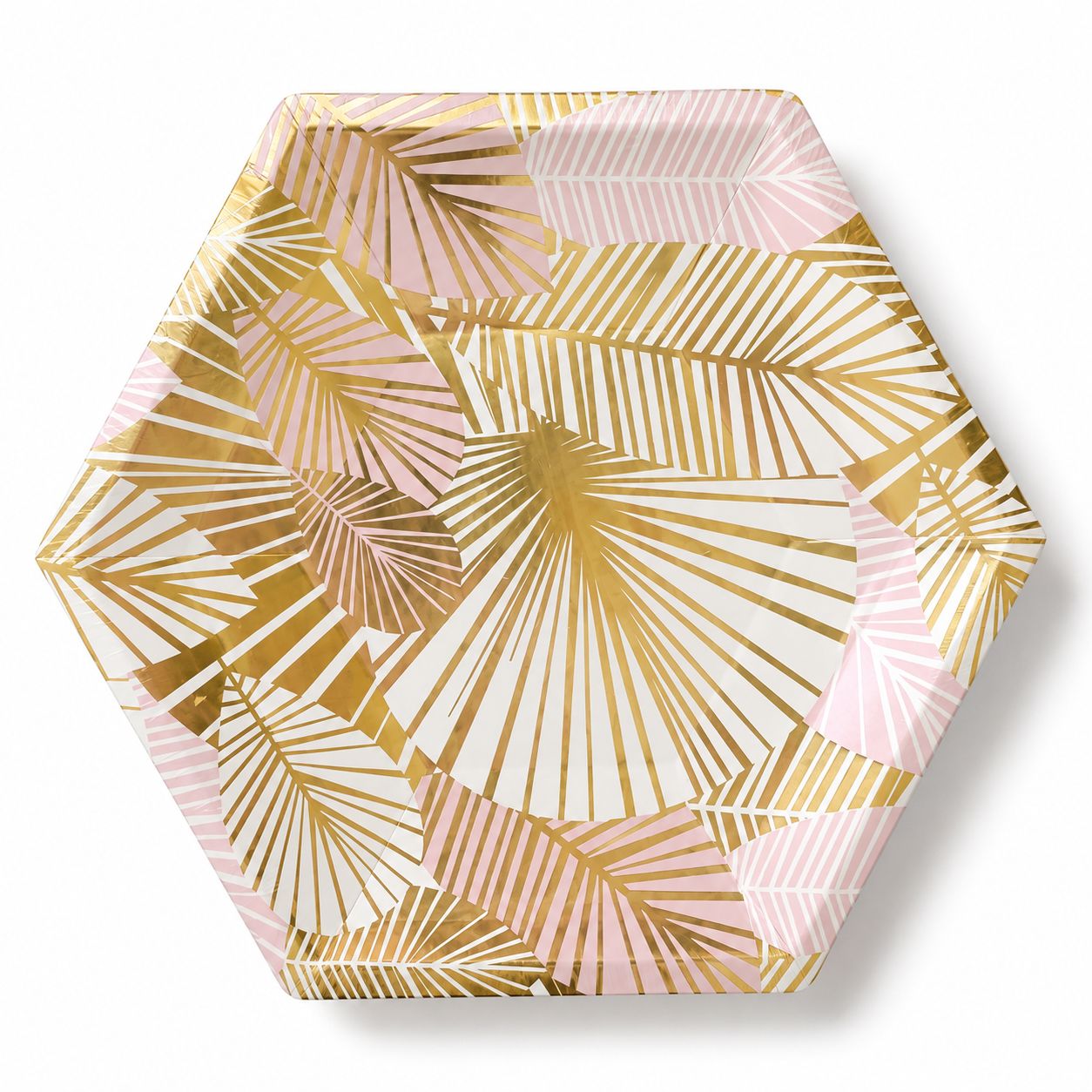 Pink and Gold Leaves – White Background Hexagon Paper Plates – Set of 10