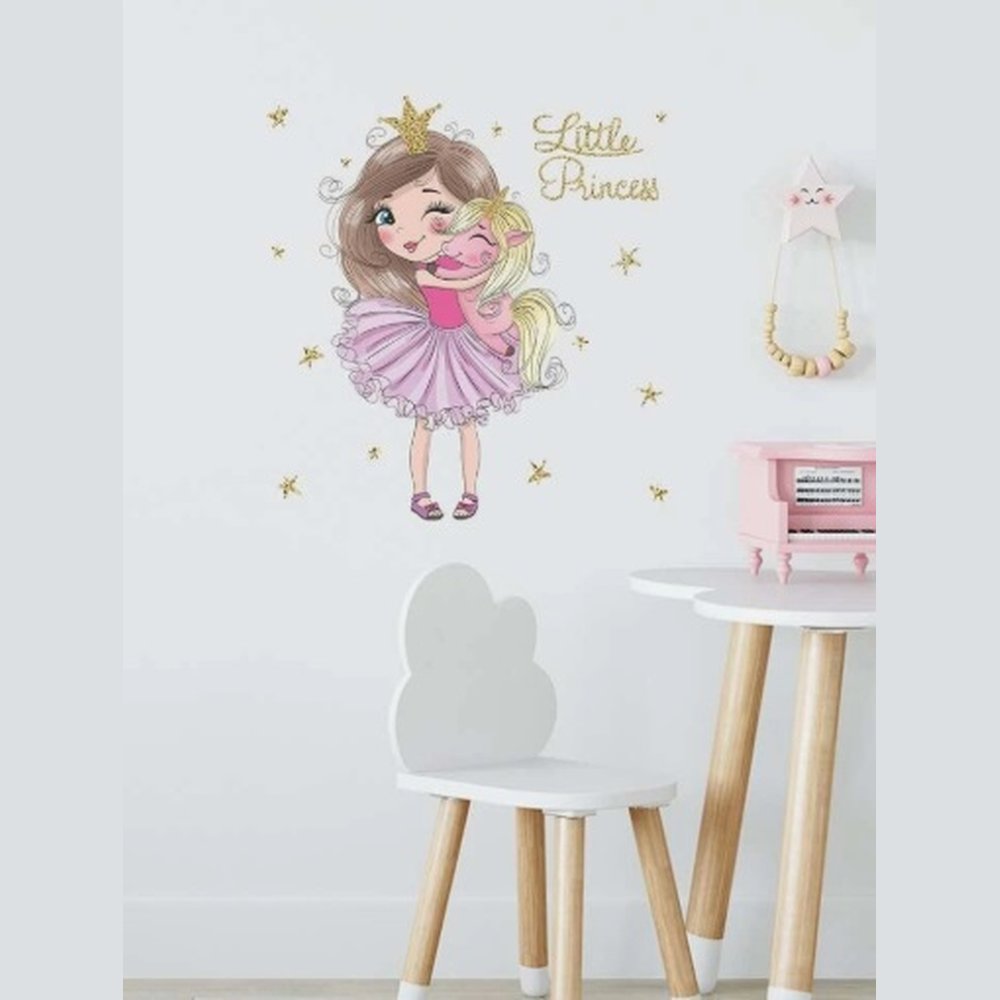 Little Princess Girl and Unicorn Hug Wall Sticker for Girls’ Bedroom